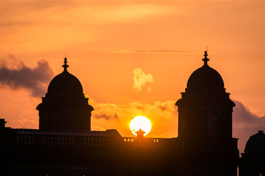 Sunset over a church in Glasgow