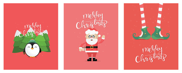 Merry Christmas illustration set. Set of three Merry Christmas greeting cards or banner design in soft and festive color palette. Vector illustration.