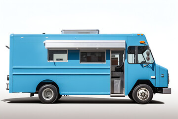 Fototapeta na wymiar Blue Food Truck with Open Doors