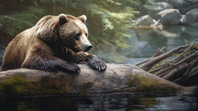 brown bear sitting on  branch HD 8K wallpaper Stock Photographic Image