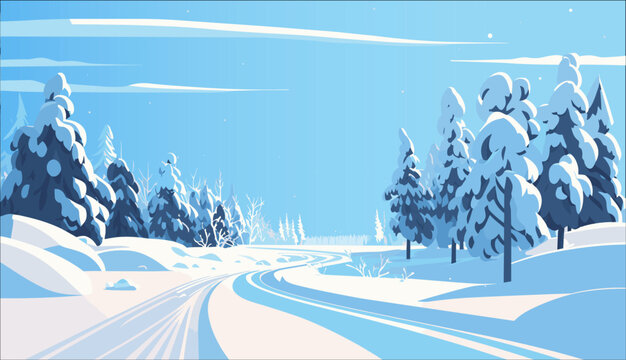 Winter road in the forest. Winter landscape. Vector flat illustration. 