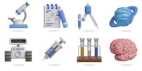 science laboratory 3D vector icon set.
microscope,note and pencil,compass drafting,planet,robot,syringe,test tube,brain