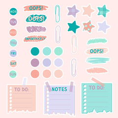 Cute paper notes in pastel colors. Stickers. Simple page. Stationary set. Notes and postcards for notes. Printable planner stickers. A note on the to-do list. Decorative element of planning. Vector