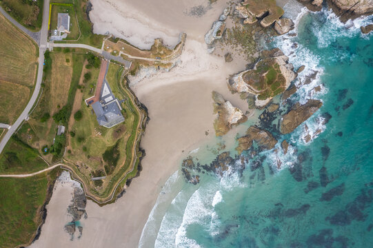 Aerial view of Praia dos Castros in north Spain