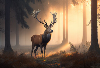 A proud deer with huge antlers stands in the middle of a dense forest in the morning mist. AI generated