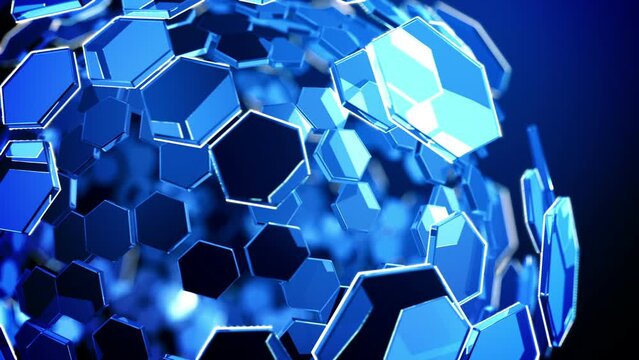 Technology background with hexagon glass rotating on blue background