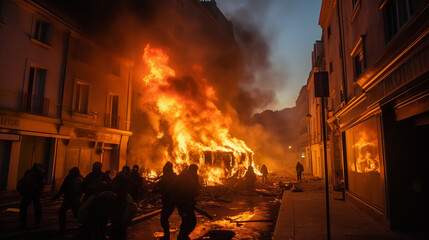 Suburb revolts , young in black destroying and burning down buildings and police , france uprising illustration
