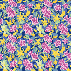Fototapeta na wymiar Vector seamless pattern abstract flowers and leaves on blue background