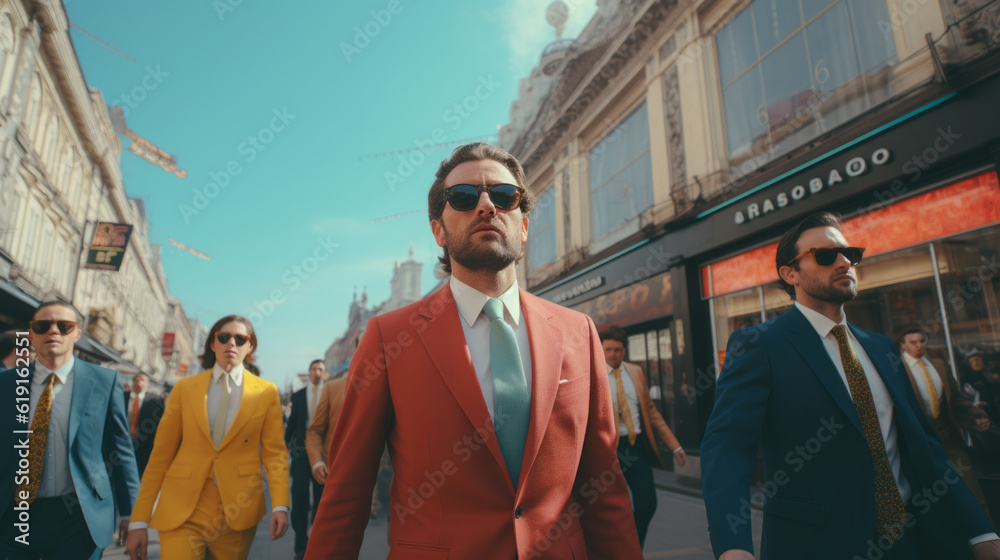 Wall mural Guy with colorful suit in the busy city street with retro color grading with 60s feeling