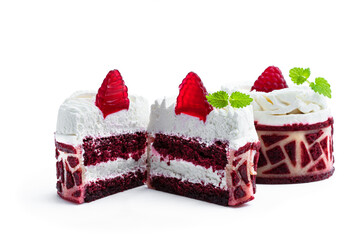 Red velvet mini cakes with whipped cream isolated on white