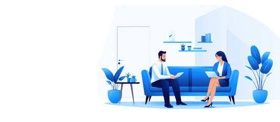 Flat gradient illustration in blue colors. Reception therapist isolated on white background with copy space for text. The psychologist conducts a consultation in the office. Generative AI. - obrazy, fototapety, plakaty