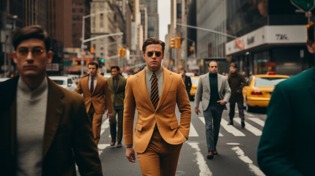 Guy with colorful suit in the busy city street with retro color grading with 60s feeling