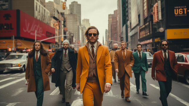 Guy with colorful suit in the busy city street with retro color grading with 60s feeling