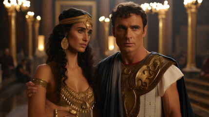 Two people in periodical clothing representing Julius Caesar and Cleopatra from roman empire era - obrazy, fototapety, plakaty