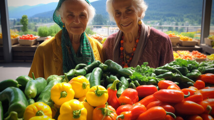 Two elder women at farmer market in front of vegetables