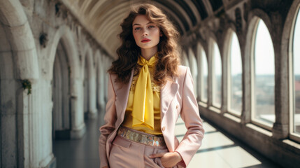 Fototapeta premium Beautiful caucasian woman with colorful suit and curly hair with historic building background