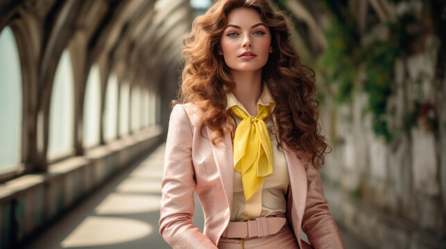Beautiful caucasian woman with colorful suit and curly hair with historic building background