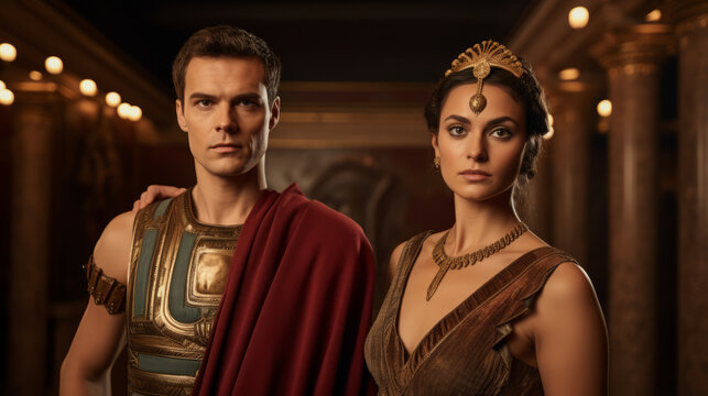 Two people in periodical clothing representing Julius Caesar and Cleopatra from roman empire era