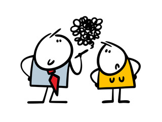 Disgruntled woman looks accusingly at her smoking husband with a cigarette in his hand. Vector illustration of a bad habit ruining health.