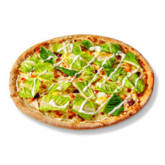 Thin pizza on yogurt base with mozzarella, chicken, tomatoes, red beans, quail eggs, lettuce