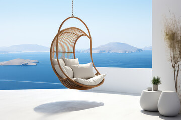 Fototapeta na wymiar Rattan oval shaped pendant chair with white pillows against a tropical backdrop outside the window. Suspended armchair on the background of a tropical seaside summer landscape. Generative AI photo.