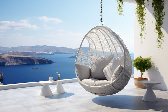 Rattan oval shaped pendant chair with white pillows against a tropical backdrop outside the window. Suspended armchair on the background of a tropical seaside summer landscape. Generative AI photo.