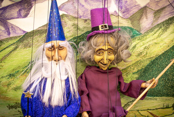 Beautiful Marionettes of White Bearded Merlin Wizard with and an Ugly Witch from a Children's...