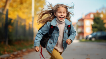 Small schoolgirl with satchel running to school smiling , back to school concept