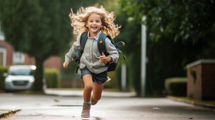 Fototapeta premium Small schoolgirl with satchel running to school smiling , back to school concept