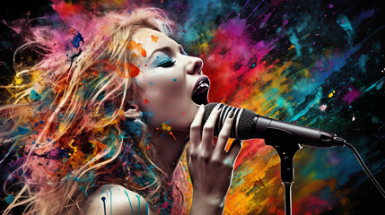 Portrait of a woman singing in colorful splatter over a microphone
