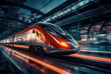 Obraz na płótnie Canvas High speed train in motion on the railway station at night. Generative AI