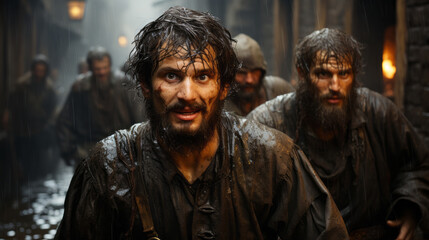 Fototapeta premium Portrait of a poor hispanic man uprising in middle of medieval street