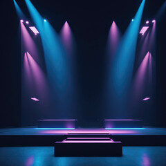 Futuristic Podium Stage With Bright Colorful Spot Lights, Neon Colors, Show Room Interior, Fashion Catwalk, Generative AI