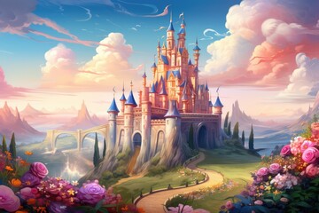 Cartoon fantasy castle with roses and rainbow sky - obrazy, fototapety, plakaty