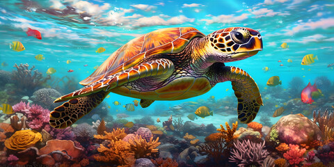 Naklejka na ściany i meble Nestled within a vibrant coral reef, a majestic Hawksbill Sea Turtle glides effortlessly through crystal-clear turquoise waters