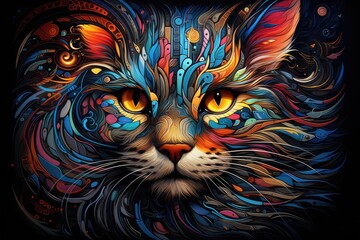 Painting of Colorful cat head full of bright colors and cubist futurism. Digital artwork. 