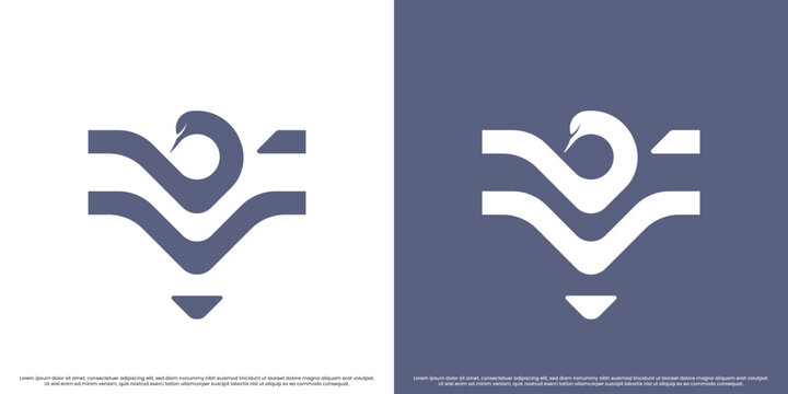 Swan letter v champion logo design illustration. Simple flat silhouette elegant minimalist modern creative geometric monogram animal bird goose letter f and trophy. Animal champion mascot symbol icon.