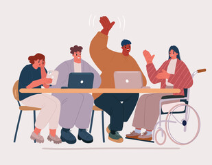 Cartoon illustration of Wheelchair user working in office. Concept of people inclusion into team, society. Employee in wheel chair at workplace