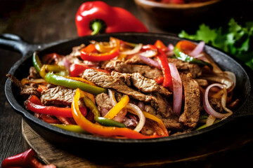Delicious home cooked beef steak fajitas in iron cast skillet with colorful sweet peppers and onions. Traditional Mexican specialty popular across America - obrazy, fototapety, plakaty