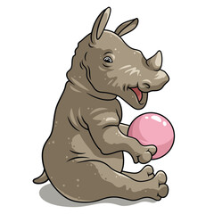 vector illustration of a cute baby rhino holding a ball