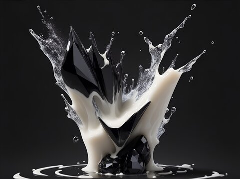 Black crystals splashing in milk, landscape made with Generative AI.