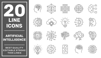 Artificial Intelligence outline icon set with machine learning, smart robotic, cloud computing, network, deep learning, AI CPU and other digital AI technology. Editable Stroke. EPS 10