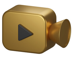 Gold Video camera icon isolate on background. 3d Realistic movie icon, play button for the interface of applications and web pages. Video, streaming, multimedia concept. 3D png illustration.