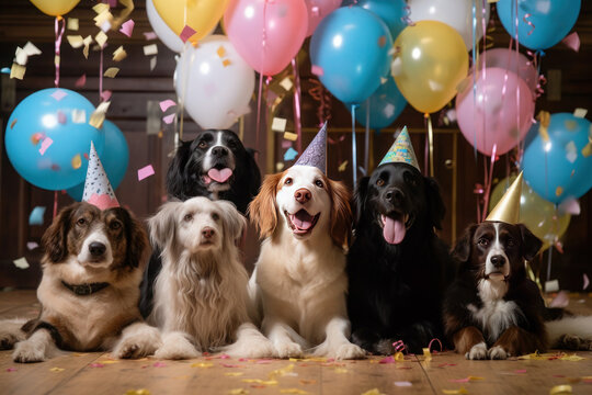 cute dogs celebrate birthday with party hats and balloons. puppies are smiling at the party. Generative AI, Generative