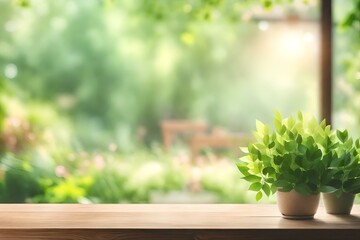 Abstract Natural Spring Blurred Garden Leaves View from Living Room Window with Wooden Table Counter Background, Promote, Create Light Soft Colors Design Banner ads on display concept Generative AI