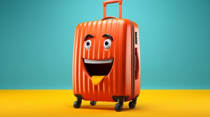 Fototapeta premium Excited yellow baggage running in an empty space, isolated on a complementary colors background, brings the joy of travel, generative ai