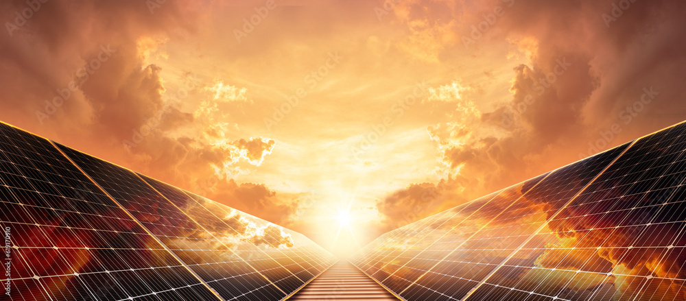 Wall mural solar panels reflect sparkling light from the sun ,clean energy and environment. 3d rendering