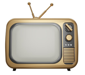 3D render golden Vintage Television Cartoon style isolate on background. Minimal Retro TV. Gold analog TV.  Old TV set with antenna.