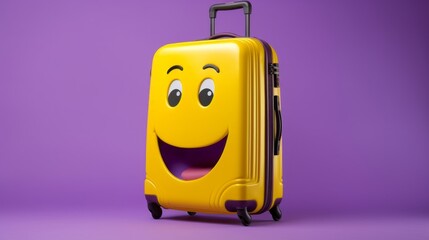Excited yellow baggage running, isolated on a purple background, capturing the joy and anticipation of travel and adventure, generative ai