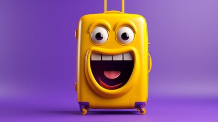 Excited yellow baggage running, isolated on a purple background, capturing the joy and anticipation of travel and adventure, generative ai